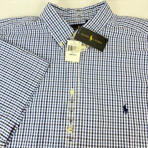 Ralph Lauren Men 2XB Blue White Check Seersucker Short Sleeve Button Down Shirt
